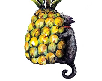 Cat Meets Pineapple watercolor illustration, cat art, print, funny cat illustration, pineapple art, black cat, funny cat picture, wall decor