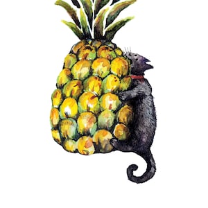 Cat Meets Pineapple watercolor illustration, cat art, print, funny cat illustration, pineapple art, black cat, funny cat picture, wall decor image 1