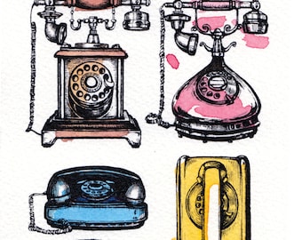 Vintage Telephones Ink and Watercolor Illustration, Rotary dial phone, Retro decor, pop art, nostalgic art print, phone drawing, 1960s art