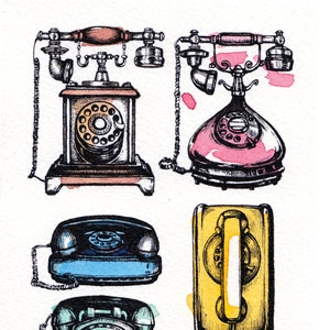 Vintage Telephones Ink and Watercolor Illustration, Rotary dial phone, Retro decor, pop art, nostalgic art print, phone drawing, 1960s art image 1