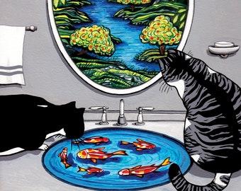 Katzen und Koi Teich Malerei Illustration, japanische Garten Katzen, Tabby Katze, Tuxedo Katze, Kunstdruck, Katze Druck, Zen Kunst, japanische Landschaft, Koi