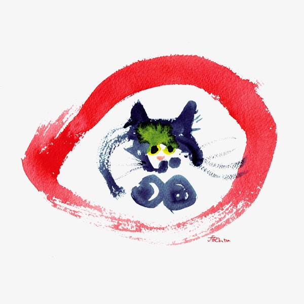 Impression de peinture de chat de style japonais, art mural de chat mignon, encre de style Sumi-e aquarelle peinture smoking chat en couverture, art de chat minimaliste, zen