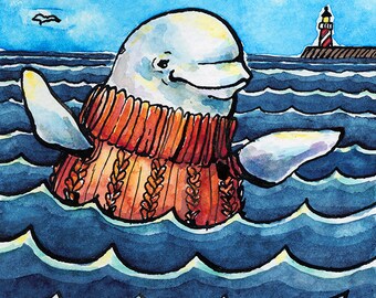 Print of Watercolor and Ink Beluga Whale Wearing Sweater; Whale Art; 4 x 6 Print of Original Painting; Nautical Ocean Theme Home Decor
