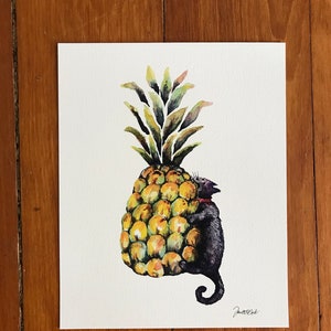 Cat Meets Pineapple watercolor illustration, cat art, print, funny cat illustration, pineapple art, black cat, funny cat picture, wall decor image 2
