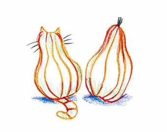 Unlikely Friends Autumn Cat and Gourd Illustration Print, fall decor, cat lovers, cat art for walls, funny cat art, unique cat art, squash