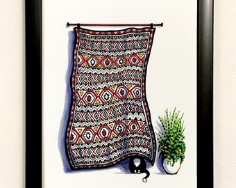 Cat Playing Hide and Seek Illustration, Art Print, Moroccan Wall Tapestry, Persian Cat, Turkish Rug, Pattern, Cat Art, Home Decor, Geometric