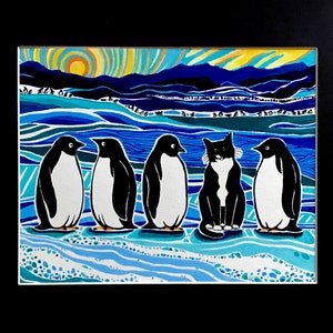 Print of Tuxedo Cat and Penguins Painting Illustration, Turquoise Blue and Gold Wall Art, Cat Painting, Animal Art, Home Decor, Antarctica, image 2