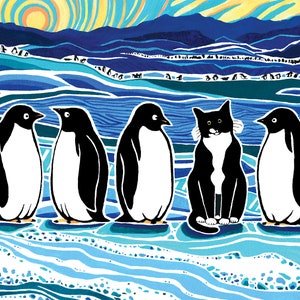 Print of Tuxedo Cat and Penguins Painting Illustration, Turquoise Blue and Gold Wall Art, Cat Painting, Animal Art, Home Decor, Antarctica, image 1