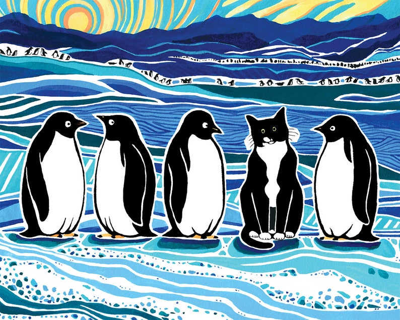 Print of Tuxedo Cat and Penguins Painting Illustration, Turquoise Blue and Gold Wall Art, Cat Painting, Animal Art, Home Decor, Antarctica, image 1