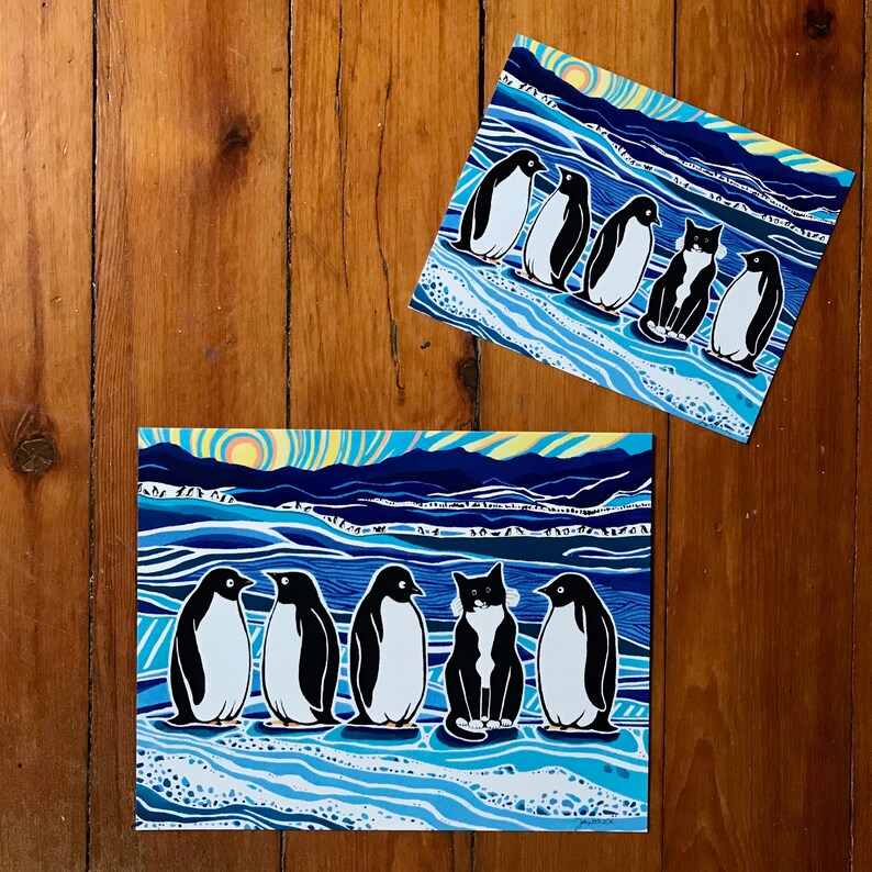 Print of Tuxedo Cat and Penguins Painting Illustration, Turquoise Blue and Gold Wall Art, Cat Painting, Animal Art, Home Decor, Antarctica, image 3