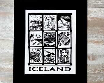 Print of Iceland Travel Poster Ink Drawing, Iceland Souvenir, Iceland Wall Art, Iceland Illustration, Scandinavian Decor, World Travel