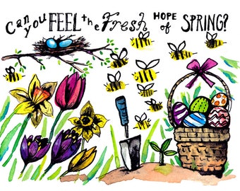 Print of Spring Flowers Illustration, floral, Easter basket, spring wall decor, home decor, Easter, nursery art, gardening, cute bumblebees