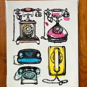 Vintage Telephones Ink and Watercolor Illustration, Rotary dial phone, Retro decor, pop art, nostalgic art print, phone drawing, 1960s art image 2