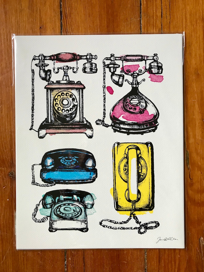 Vintage Telephones Ink and Watercolor Illustration, Rotary dial phone, Retro decor, pop art, nostalgic art print, phone drawing, 1960s art image 2