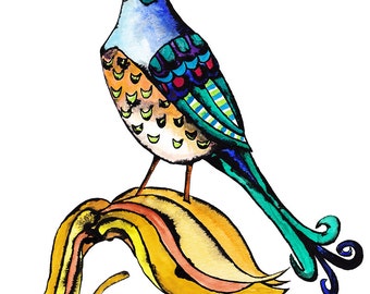 Colorful Bird Perching on My Head Painting; Ink & Watercolor Illustration; Blue, Green, and Yellow; Unique, Nerdy Art to Decorate your home