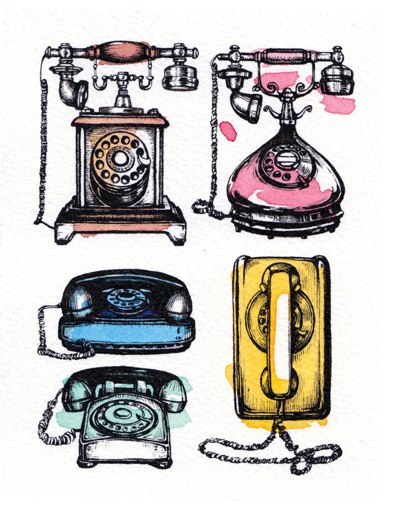 Vintage Telephones Ink and Watercolor Illustration, Rotary dial phone, Retro decor, pop art, nostalgic art print, phone drawing, 1960s art image 1