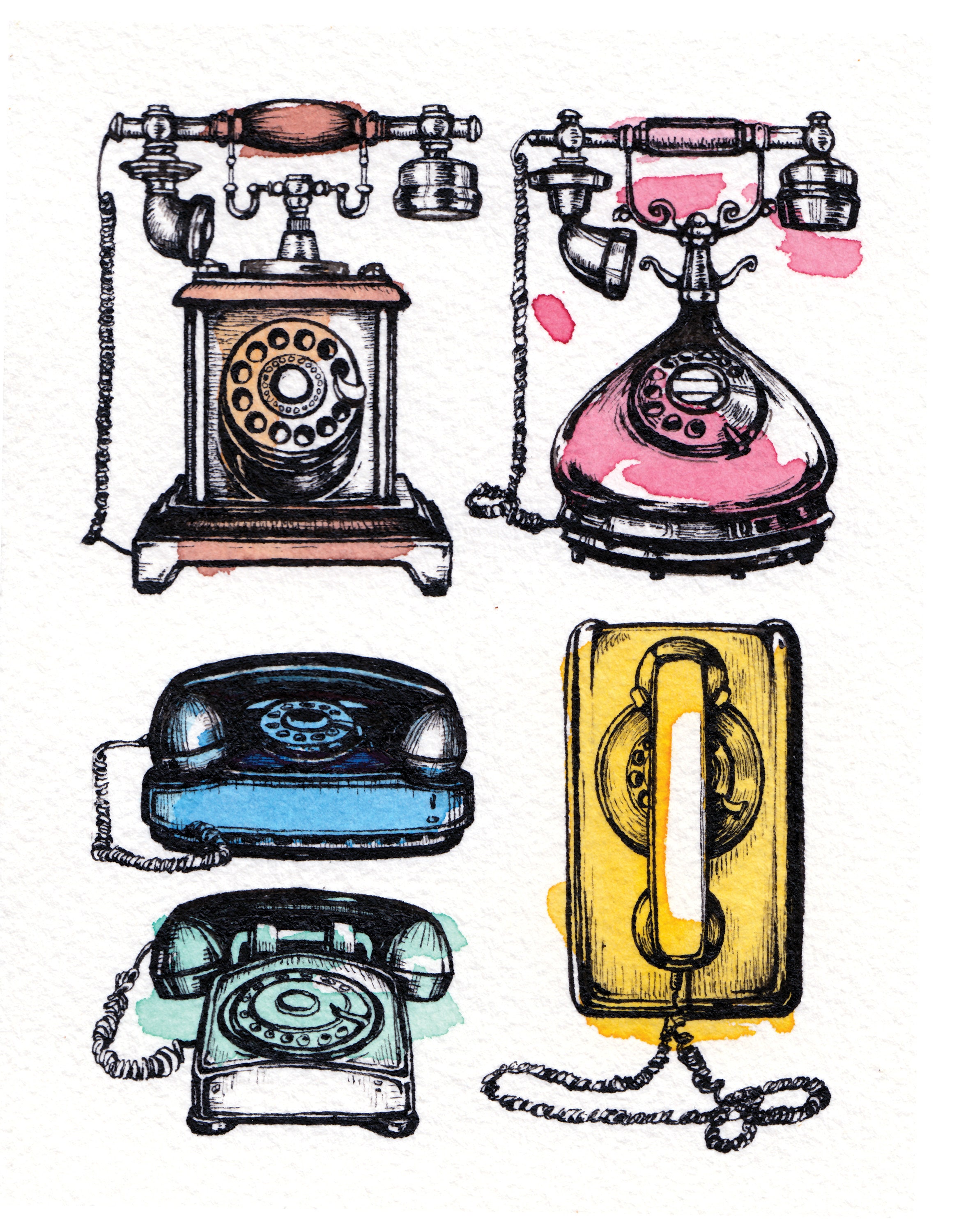 Vintage Telephones Ink and Watercolor Illustration, Rotary Dial Phone