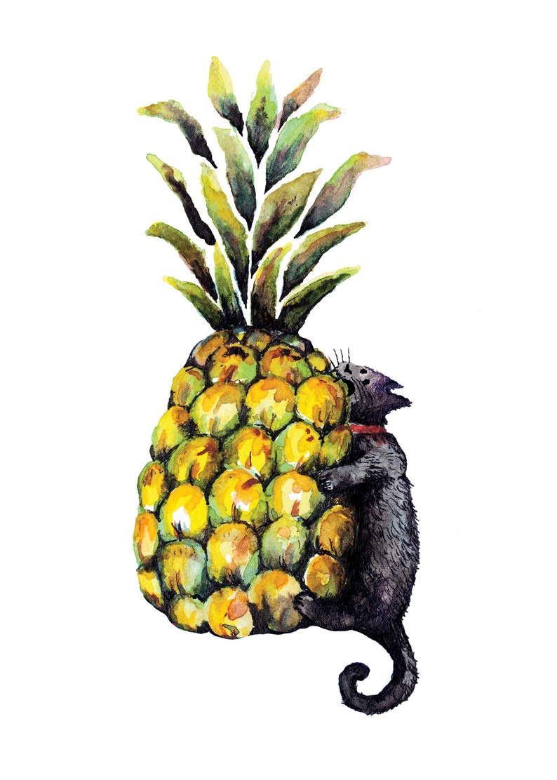 Cat Meets Pineapple watercolor illustration, cat art, print, funny cat illustration, pineapple art, black cat, funny cat picture, wall decor image 1