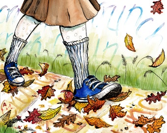 8x10 Print of Crunching on Autumn Leaves Watercolor and Ink Illustration