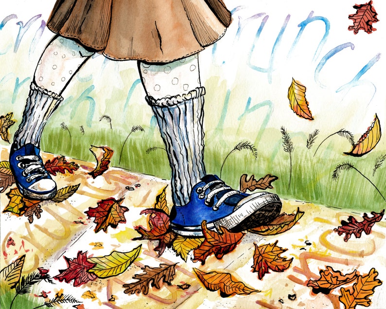 8x10 Print of Crunching on Autumn Leaves Watercolor and Ink Illustration image 1