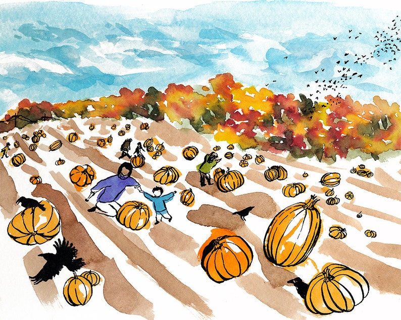 Pumpkin Patch with Autumn Leaves and Birds, 8x10 fine art print, children's illustration, fall, fall decor, halloween, flock of birds, retro image 1