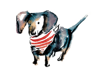 Print of Dachshund painting watercolor illustration, dachshund poster, dog in bandana, wall art, art for dog lovers, dachshund painting