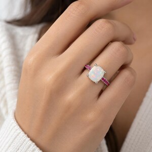 Natural Opal With Ruby Ring, 925 Sterling Silver Cushion Ring Handmade