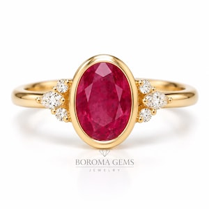 1.5ct Oval Ruby Diamond Ring, 18k Gold, Art Deco Style