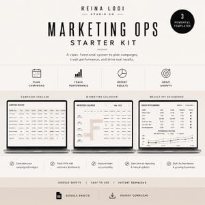 May include: A digital marketing starter kit with the text "MARKETING OPS STARTER KIT". The image shows three laptops displaying campaign trackers, marketing calendars, and KPI dashboards. The kit includes templates for planning, tracking, and reporting.