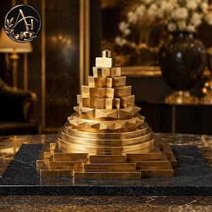 May include: A gold-colored metal Meru Shri Yantra sculpture featuring a multi-tiered, stepped pyramid design with geometric layers. The object has a polished, reflective surface and is mounted on a flat, square, dark-colored base with visible veining.