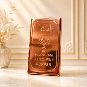 Op de afbeelding: Een rechthoekige koperen baar met een gepolijste metalen afwerking. De voorzijde is voorzien van een reliëfontwerp met het chemische symbool Cu, een boomicoon en de tekst ONE KILOGRAM 99.9% FINE COPPER. De baar heeft een glad, reflecterend oppervlak.