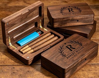 Hand Engraved Wood Cigar Case,Personalized Groomsmen Gift Box