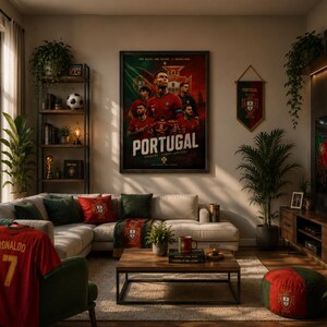Może przedstawiać: Salon udekorowany pamiątkami piłkarskimi z Portugalii, w tym dużym oprawionym plakatem drużyny narodowej, czerwoną koszulką Ronaldo z numerem 7, zielono-czerwonym szalikiem, proporczykiem oraz okrągłą pufą z herbem drużyny.