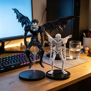 May include: Two anime character figurines on circular black bases. The left figure is black with large wings, yellow eyes, and a wide grin. The right figure is white with a skeletal appearance, long limbs, and yellow eyes. Both stand on a wooden desk.
