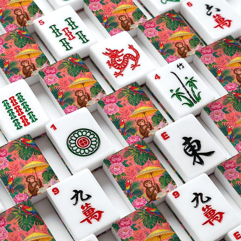 Tropical Monkey American Mahjong Set, 166 Tiles Luxury Pink Botanical Board Game, Jungle Animal Mahjong Set for Game Night, Mahjong Gift image 2