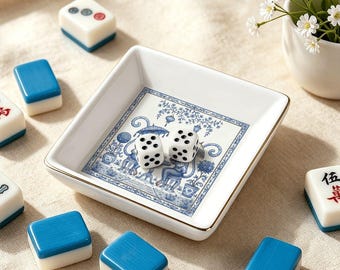 Chinoiserie Monkey Mahjong Dice Tray, Ceramic Jewelry Dish, Blue and White Porcelain Game Accessory, Mahjong Gift for Players