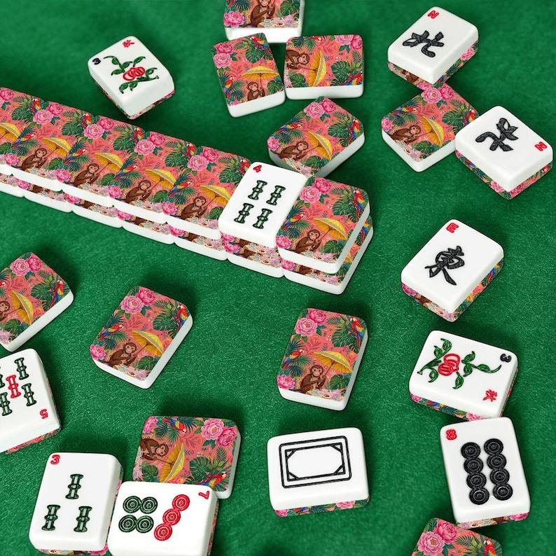Tropical Monkey American Mahjong Set, 166 Tiles Luxury Pink Botanical Board Game, Jungle Animal Mahjong Set for Game Night, Mahjong Gift image 1