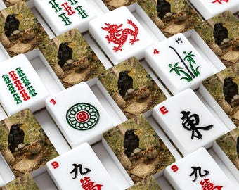 Crow American Mahjong Tile Set – Cottagecore Botanical Board Game, Vintage Raven Design, Nature Mahjong Lover Gift, Game Night