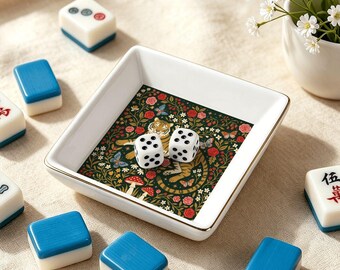Vintage Tiger Mahjong Dice Tray, Ceramic Tibetan Tiger Jewelry Dish, Porcelain Game Accessory, Mahjong Gift for Players