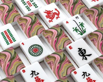 Pink Marble Mahjong Tiles Set, Modern American Board Game, Pink & Sage Green Design, Gift for Mahjong Lovers