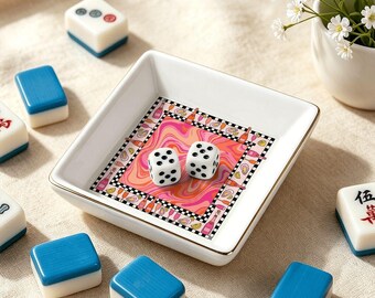 Groovy Pink Mahjong Dice Tray, Psychedelic Champagne Jewelry Dish, Ceramic Gold Rimmed Square Coin Tray for Game Night