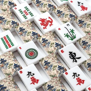 Luxury Chinoiserie Pagoda American Mahjong Set with Bag, 166 Blue Botanical Tiles for Game Night, Gift for Mahjong Lovers Vintage Game Night image 1
