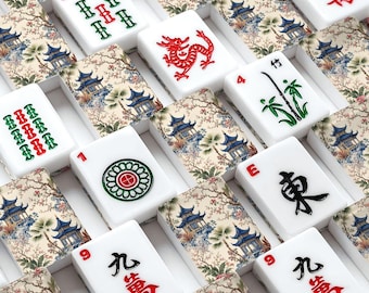 Luxury Chinoiserie Pagoda American Mahjong Set with Bag, 166 Blue Botanical Tiles for Game Night, Gift for Mahjong Lovers Vintage Game Night