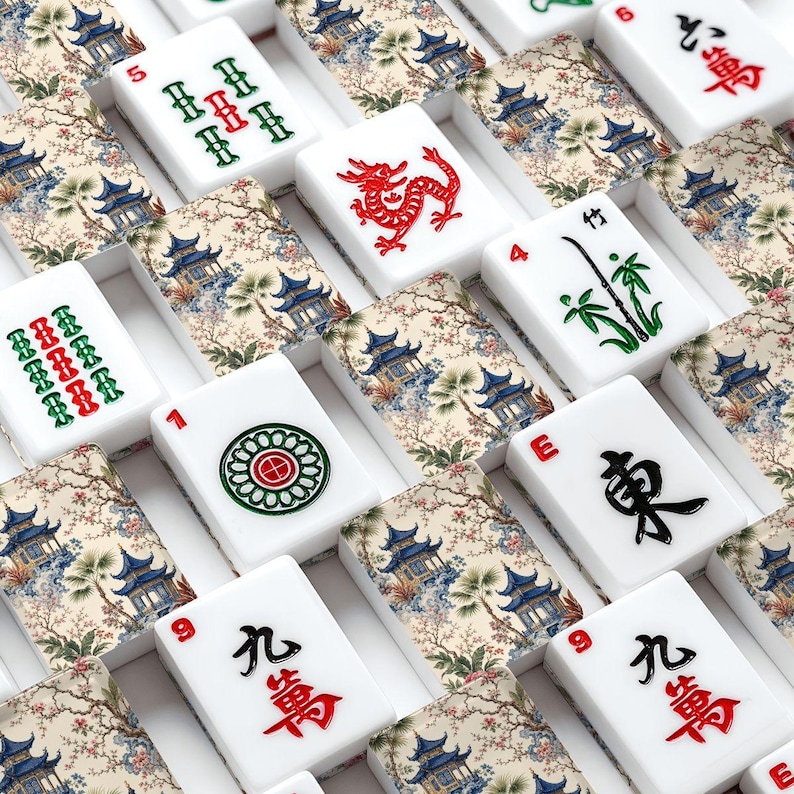 Luxury Chinoiserie Pagoda American Mahjong Set with Bag, 166 Blue Botanical Tiles for Game Night, Gift for Mahjong Lovers Vintage Game Night image 1