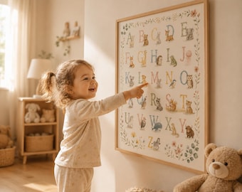 Conjunto de decoración de pared para habitación infantil, póster de acuarela con animales, alfabeto y números (descarga digital)