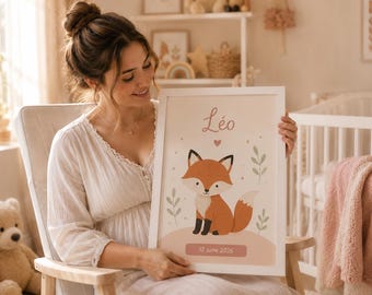 Spersonalizowany nadruk z lisem do pokoju dziecięcego z imieniem i datą, spersonalizowany prezent dla dziecka, grafika ścienna z lisem leśnym, prezent na baby shower, prezent na narodziny dziecka, dekoracja pokoju dziecięcego