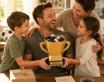 Caja de regalo con trofeo para papá futbolista (archivo SVG), soporte para dulces del Día del Padre (descarga instantánea)