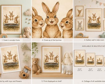Lámina de conejito en trampolín en acuarela / Decoración de pared infantil con conejitos juguetones (descarga digital)