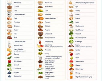 Póster con plan de dieta baja en FODMAP para el SII, lista de alimentos para la salud intestinal imprimible, tabla de alimentos seguros que se deben evitar, arte mural sobre la salud digestiva, descarga instantánea.