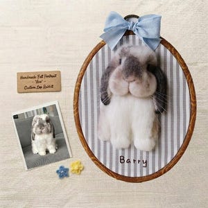 May include: A needle-felted lop rabbit portrait in an oval wooden hoop with grey and white striped fabric. The rabbit is white with grey ears and face markings. A light blue ribbon is tied at the top. The name Barry is stitched below the rabbit.